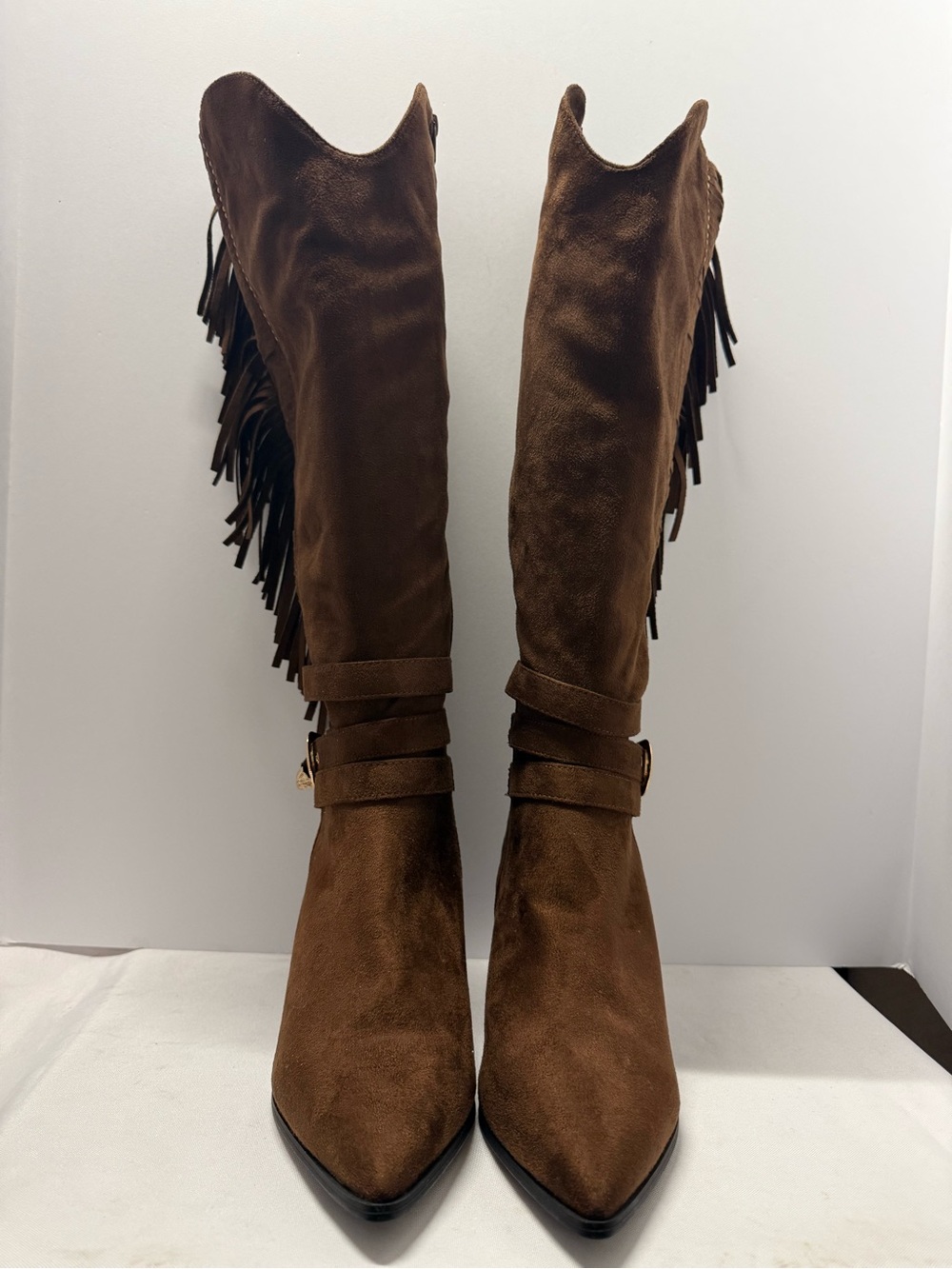 Cato Brown Suede Fringe Mid-Calf Heeled Boots - Picture 3 of 6